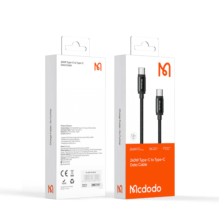 McDodo - USB-C to USB-C, Charging and Data Sync, 240W, 1.2m, Black – 2