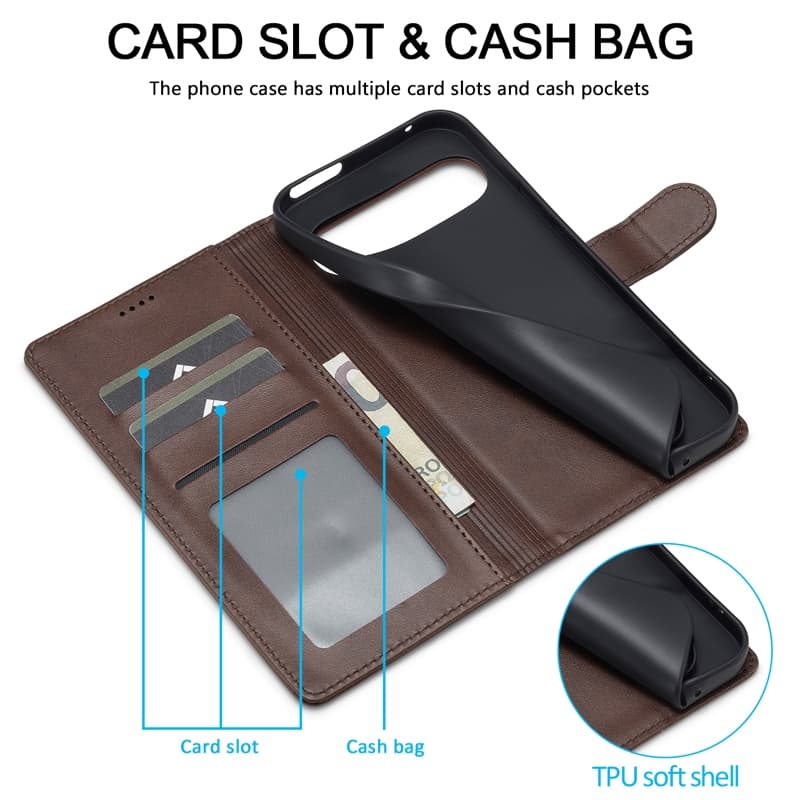 Google Pixel 9A - LC.IMEEKE Custodia a portafoglio con 3 scomparti per carte e chiusura magnetica, marrone – 2