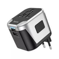 HOCO AC5 Travel Companion - Universal travel adapter with 2× USB & 1× socket, black/grey – Bild 6