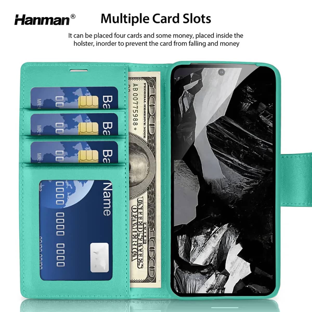 Google Pixel 10 / 10 Pro - Hanman Mill Flip Case mit 3 Kartenfächern, Türkis – 3