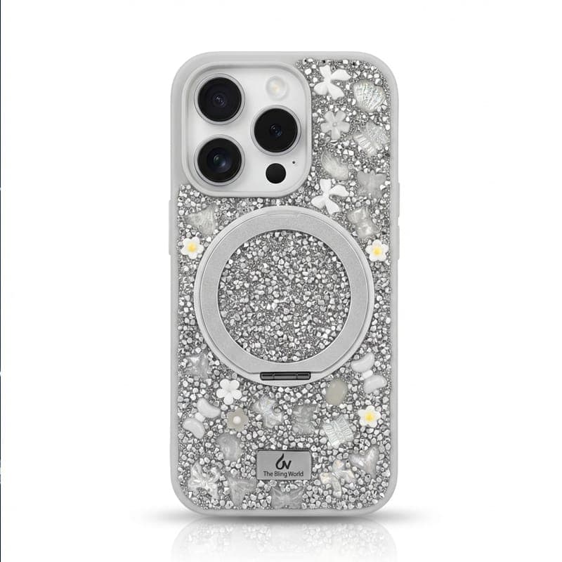 iPhone 15 Pro Max - TheBlingWorld Glitter MagSafe Case mit Ring-Ständer & Strass-Steinen, Silber