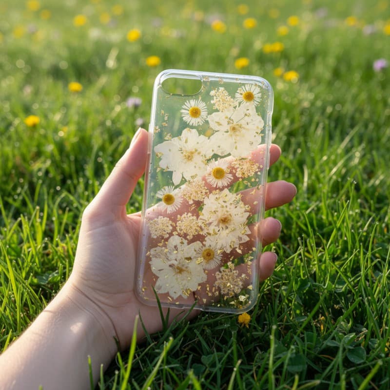 iPhone 6 / 7 / 8 - Custodia con fiori veri e accenti dorati, bianca – 2