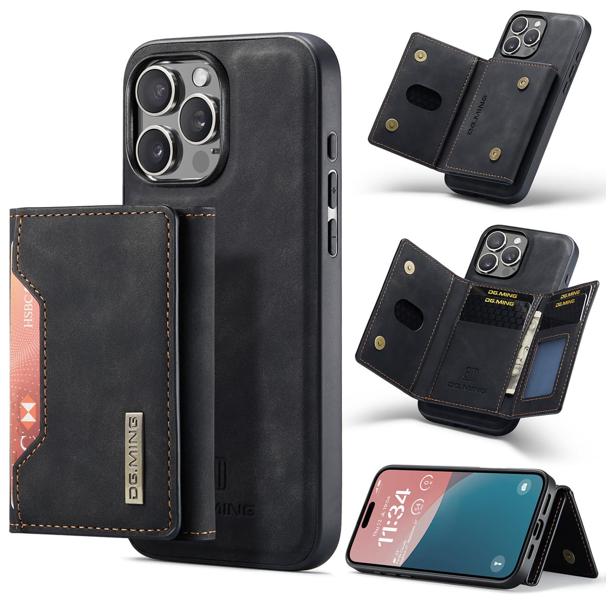 iPhone 15 Pro - DG.MING Etui, Leder-Optik, Kartenfach & Magnetverschluss, Schwarz – 3