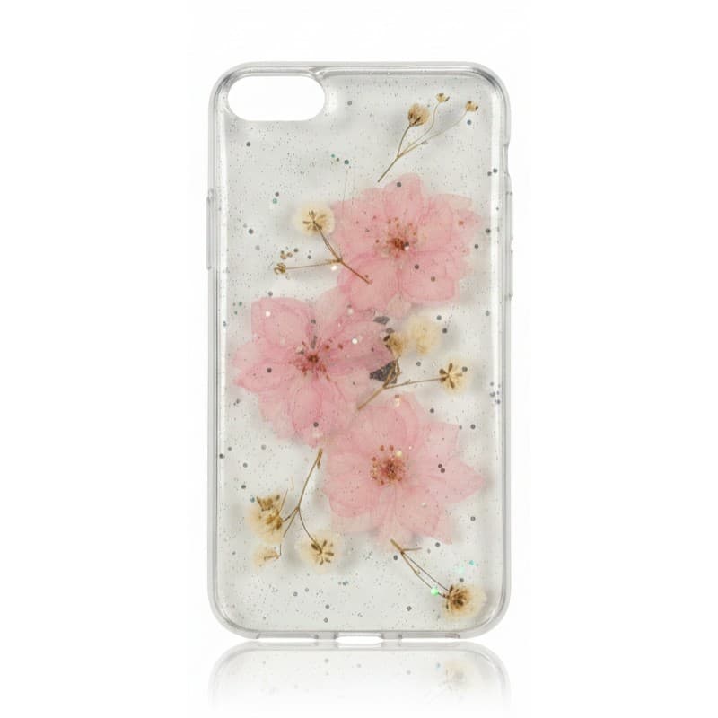 iPhone 6 / 7 / 8 - Custodia con fiori veri e accenti dorati, rosa