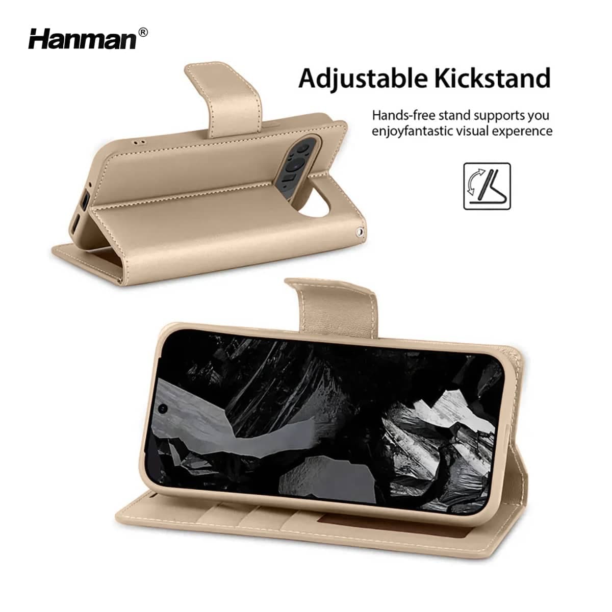 Google Pixel 10 Pro XL - Hanman Mill Flip Case mit 3 Kartenfächern, gold – 4