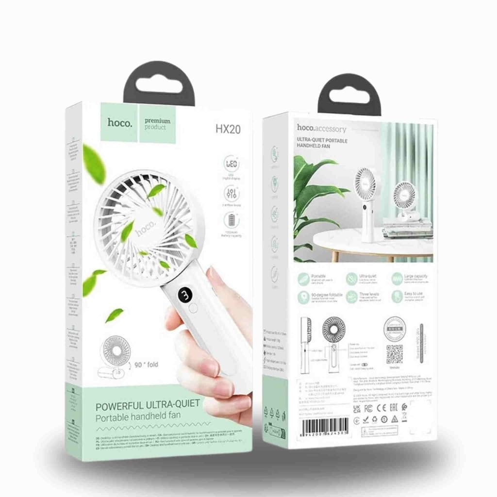 Hoco - HX20 hand fan with 1200mah battery, extra quiet, white
