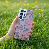 Samsung Galaxy S23U - blaue Blüten Glanz Etui mit Chrome Oberfläche – Bild 2