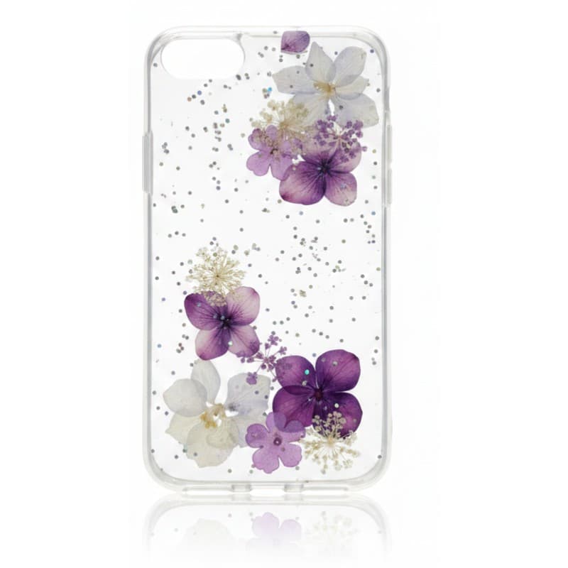 iPhone 6 / 7 / 8 - Custodia con fiori veri e accenti d'argento, viola