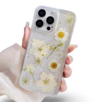 iPhone 13/14/15 - Custodia con fiori veri e accenti dorati, bianca – Bild 2