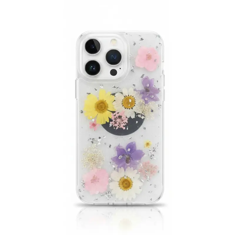 iPhone 13/14/15 - Hülle mit echten Blumen und silbernen Akzenten, mehrfarbig
