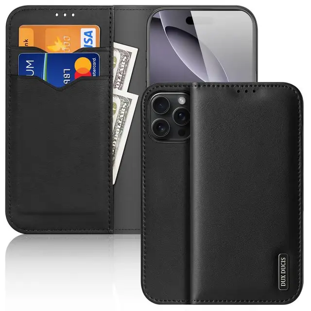 Apple iPhone 16 Pro - Custodia Flip DUX Hivo Series, nera, in ecopelle