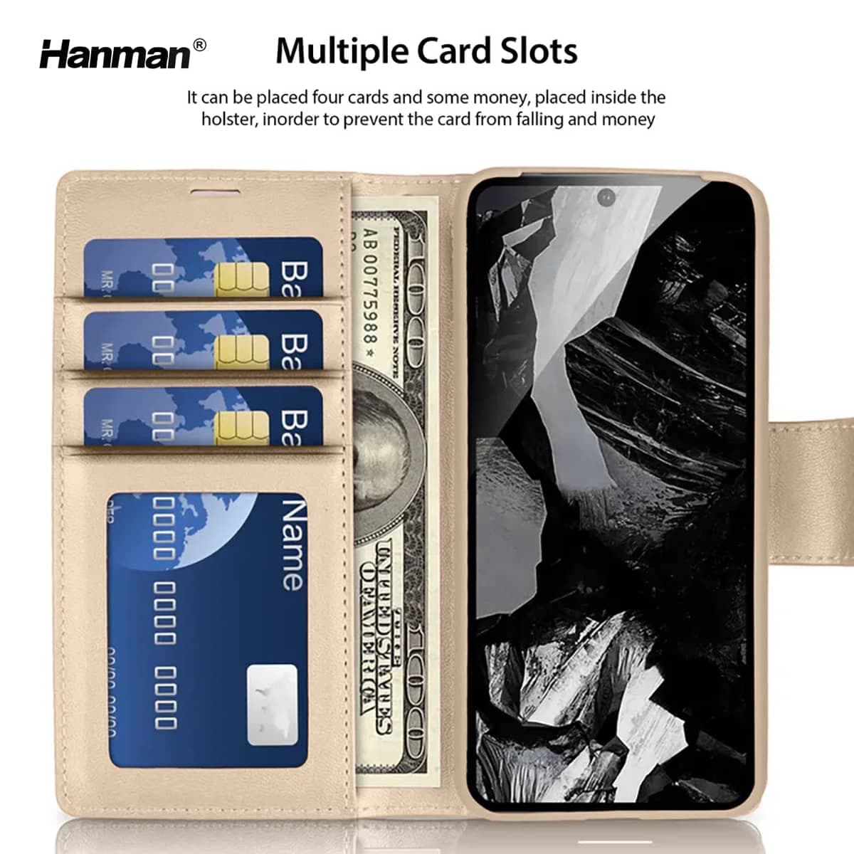 Google Pixel 10 / 10 Pro - Hanman Mill Flip Case mit 3 Kartenfächern, gold – 2