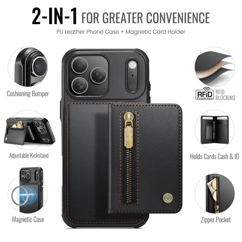 iPhone 17 Pro Max - Jeehood Magsafe, magnetisches Wallet, Stand-Funktion, Reissverschluss, Schwarz – 2