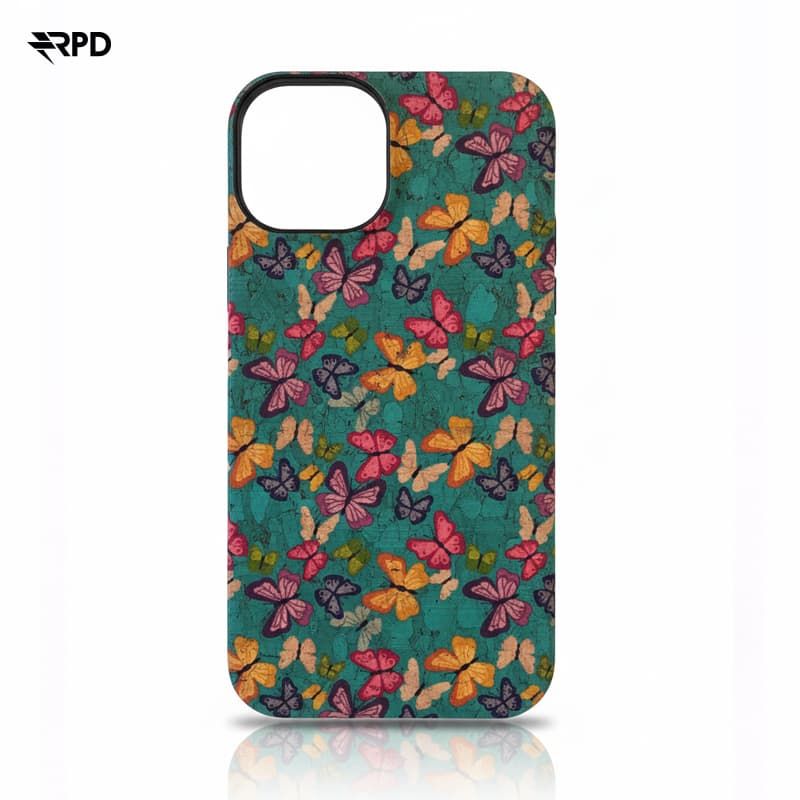 iPhone 16 Pro - Custodia in vero sughero verde con design a farfalla