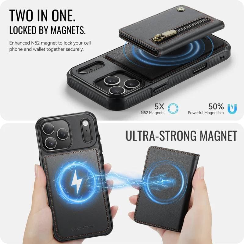 iPhone 17 Pro Max - Jeehood Magsafe, magnetisches Wallet, Stand-Funktion, Reissverschluss, Schwarz – 3