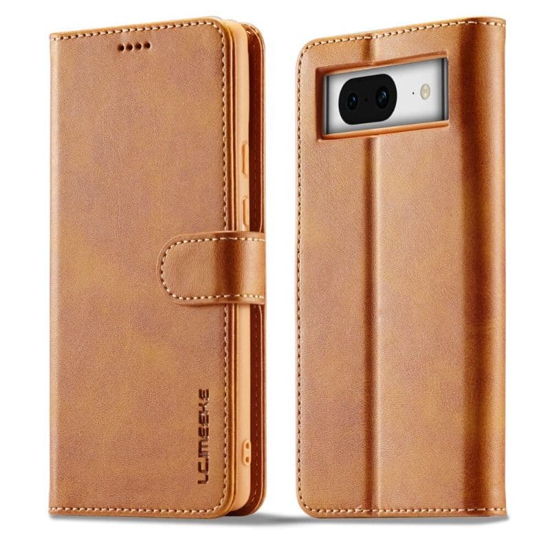 Google Pixel 8 - LC.IMEEKE Custodia a portafoglio con 3 scomparti per carte e chiusura magnetica, marrone chiaro/arancio