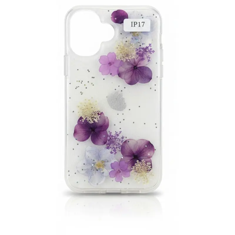 iPhone 17 - Case with real flowers and silver accents, purple