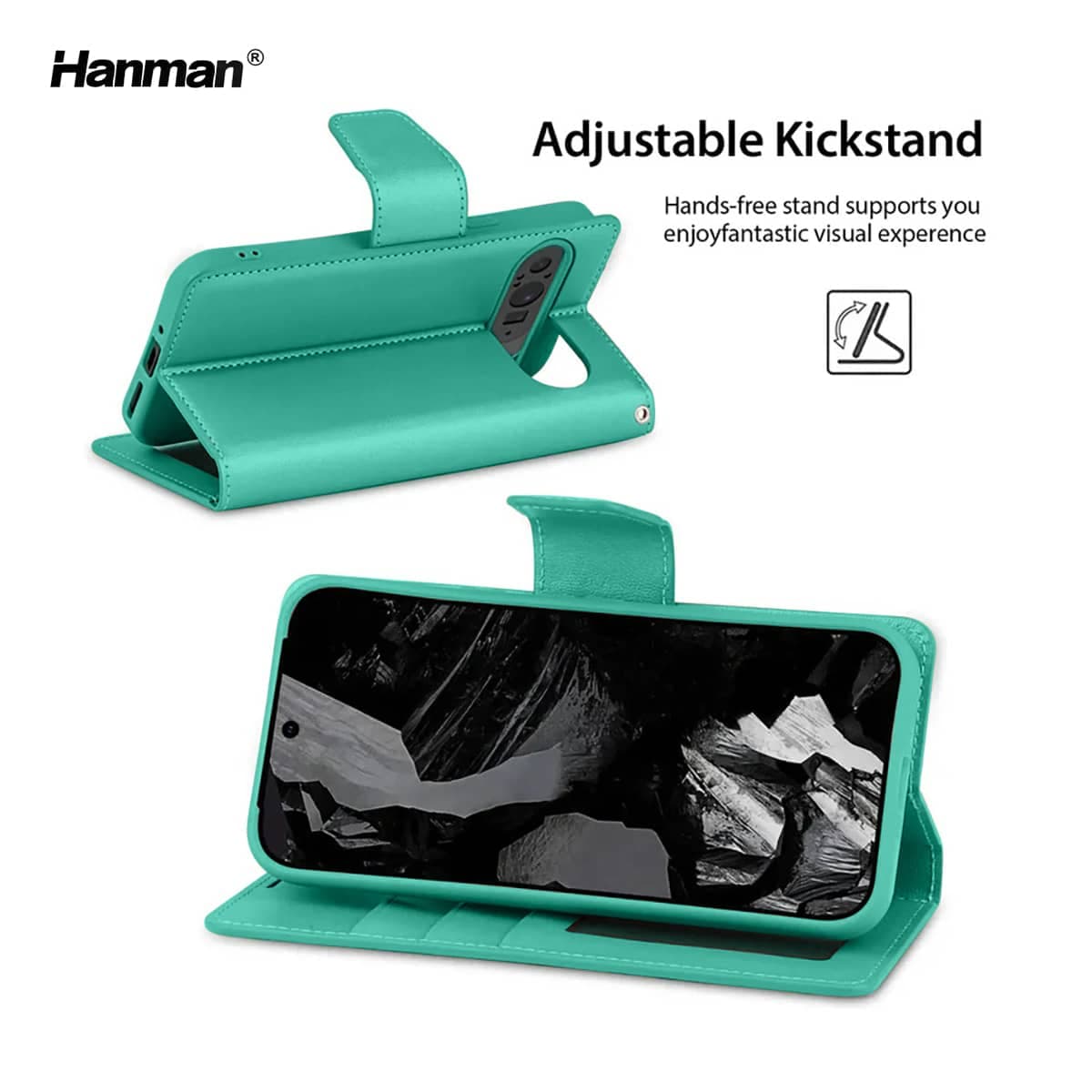 Google Pixel 10 / 10 Pro - Hanman Mill Flip Case mit 3 Kartenfächern, Türkis – 4
