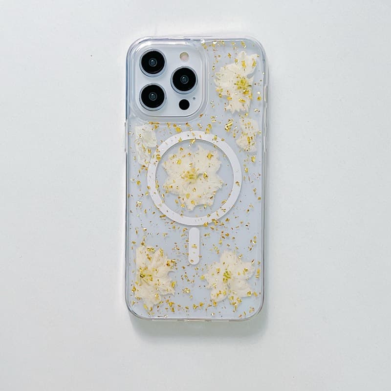 iPhone 13 / iPhone 14 - MagSafe Hülle mit echten Blumen und goldenen Akzenten, weiss – 2