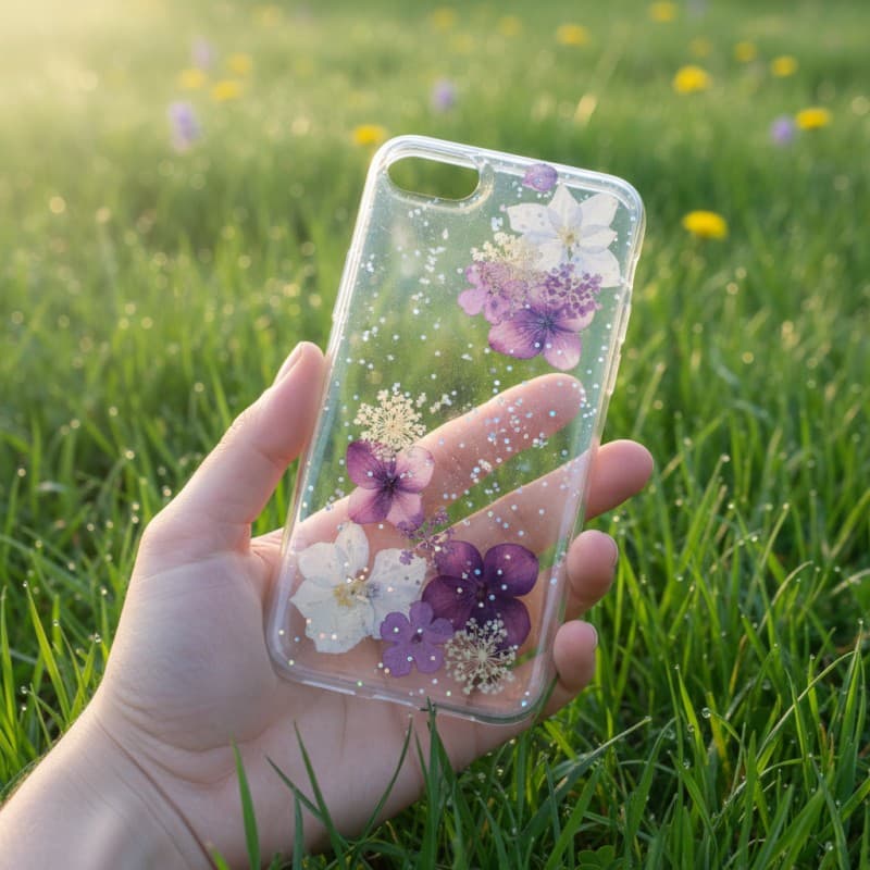 iPhone 6 / 7 / 8 - Custodia con fiori veri e accenti d'argento, viola – 2