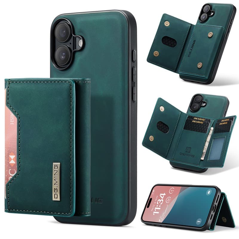 iPhone 16 - DG.MING Etui, Leder-Optik, Kartenfach & Magnetverschluss, Grün – 4