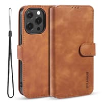 iPhone 13 Pro - DG.MING Vintage Flip Case, 3 Kartenfächer, Magnetverschluss, Leder-Optik, kamelbraun – Bild 2