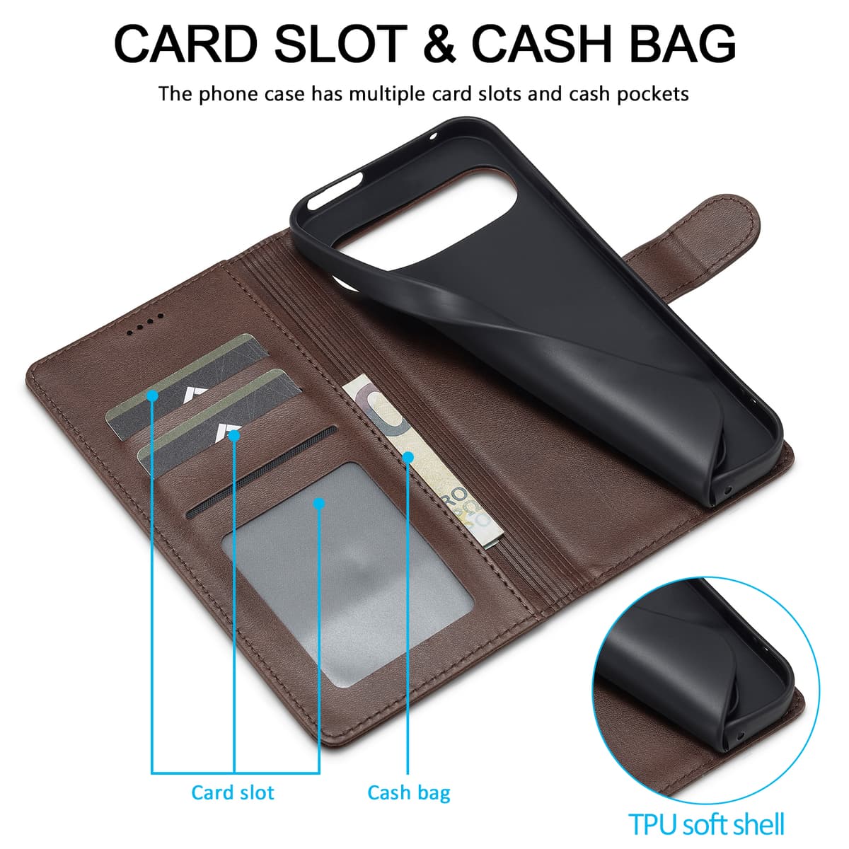 Google Pixel 10 / 10 Pro - LC.IMEEKE Wallet Etui mit 3 Kartenfächern & Magnetverschluss, Braun – 3