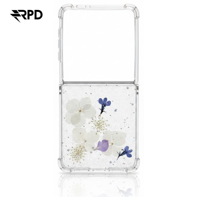 Samsung Galaxy Z Flip 7 - Cover with real flowers and silver accents, blue