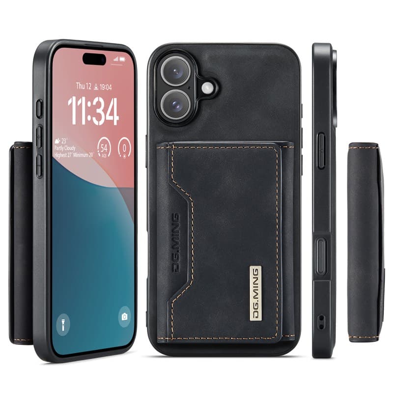 iPhone 16 - DG.MING Etui, Leder-Optik, Kartenfach & Magnetverschluss, Schwarz