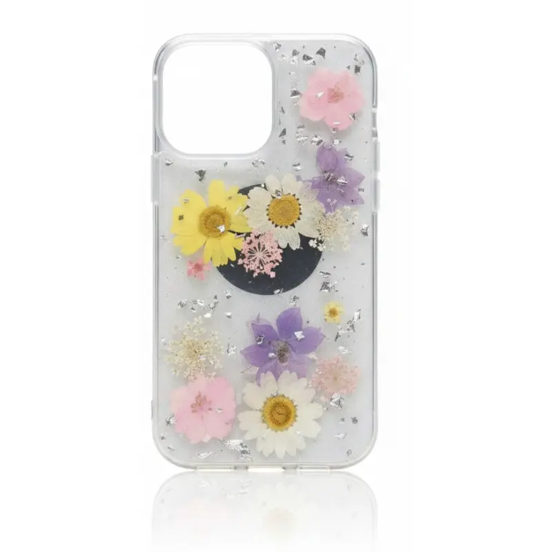 iPhone 15 Pro - Étui avec de vraies fleurs et des accents argentés, multicolore