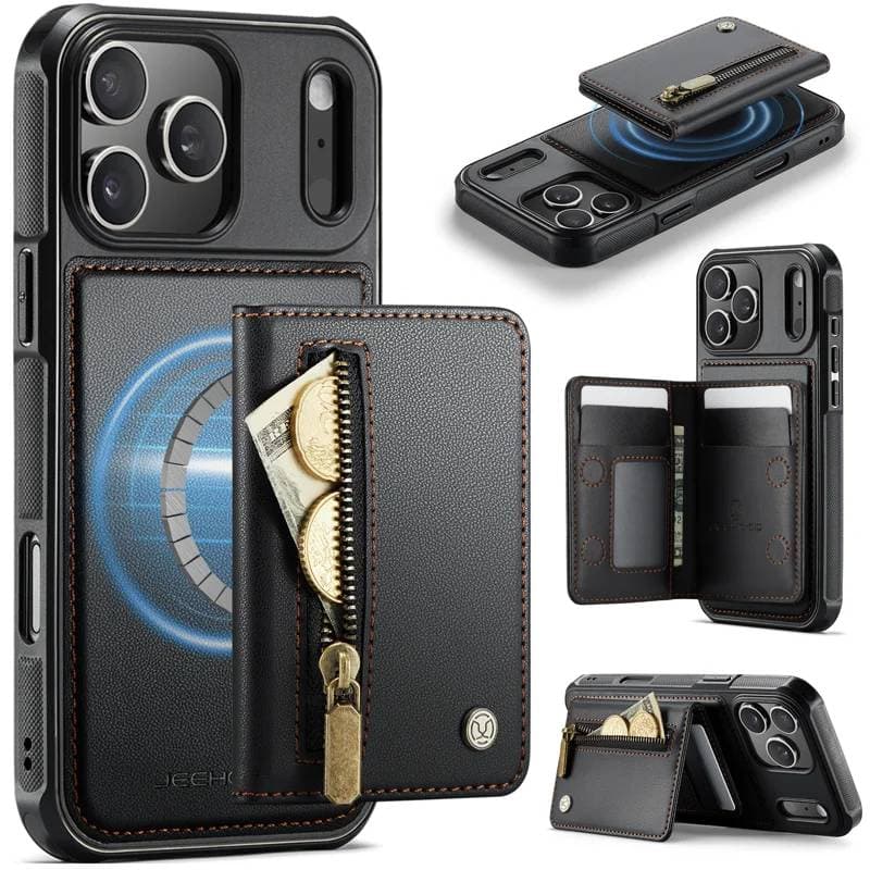 iPhone 17 Pro Max - Jeehood Magsafe, magnetisches Wallet, Stand-Funktion, Reissverschluss, Schwarz