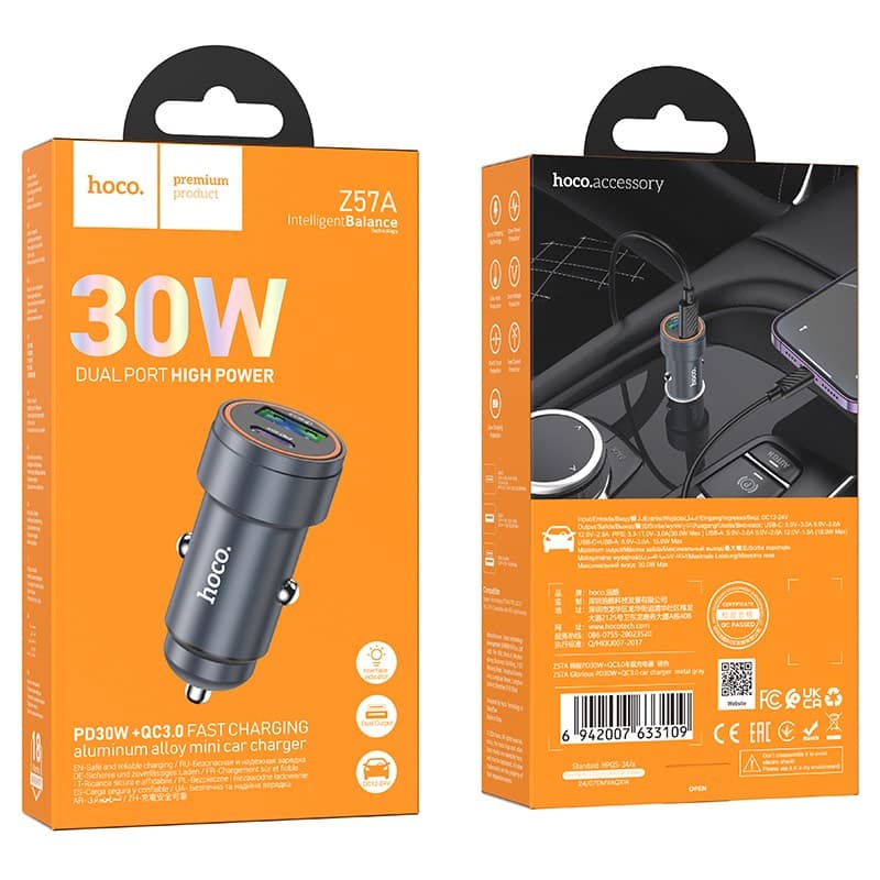 HOCO High Power PD30W + QC3.0 Fast Charging Aluminum Alloy Dual Port Mini Car Charger Set (Z57A) – 2