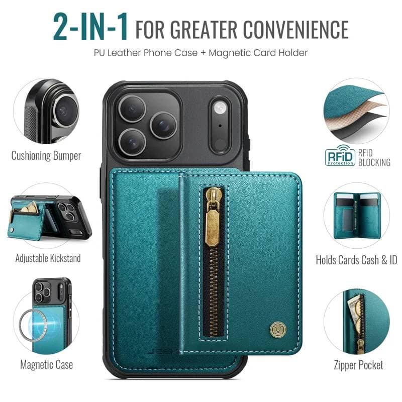 iPhone 17 Pro - Jeehood Magsafe Case, magnetisches Wallet und Stand-Funktion, Reissverschluss, Grün – 2