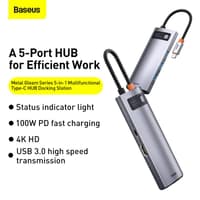 Baseus - Metal Gleam Series - 5-in-1 Multifunction Type-C HUB Docking Station, Gray (CAHUB-CX0G) – Bild 7