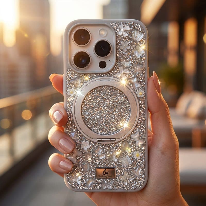 iPhone 15 Pro Max - TheBlingWorld Glitter MagSafe Case mit Ring-Ständer & Strass-Steinen, Silber – 4