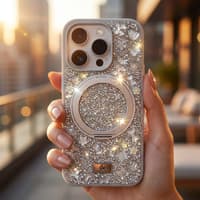 iPhone 15 Pro Max - TheBlingWorld Glitter MagSafe Case mit Ring-Ständer & Strass-Steinen, Silber – Bild 4