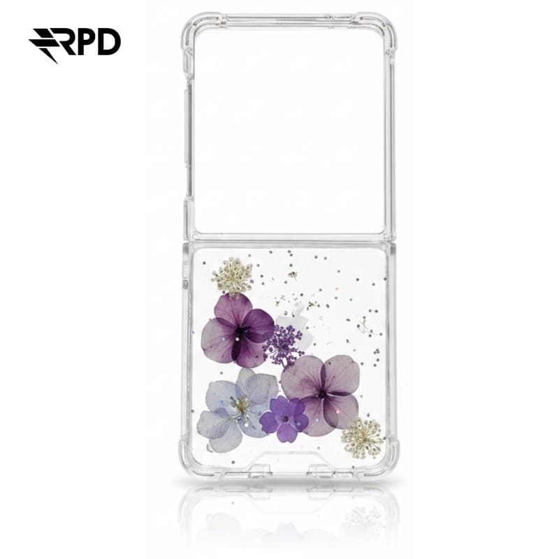 Samsung Galaxy Z Flip 7 - Case with real flowers and golden accents, purple
