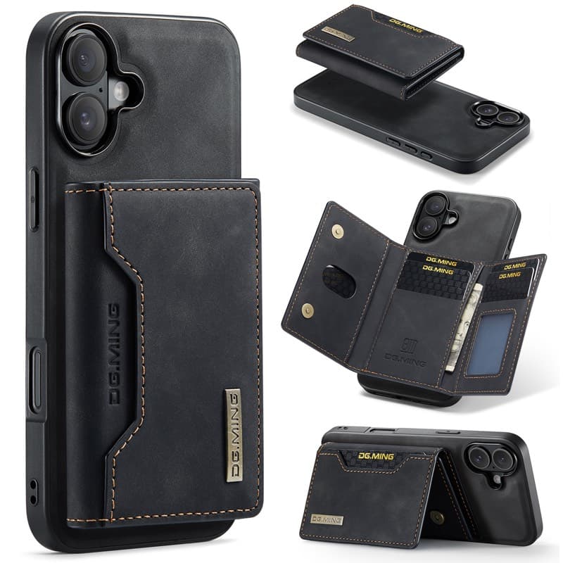 iPhone 16 - DG.MING Etui, Leder-Optik, Kartenfach & Magnetverschluss, Schwarz – 3