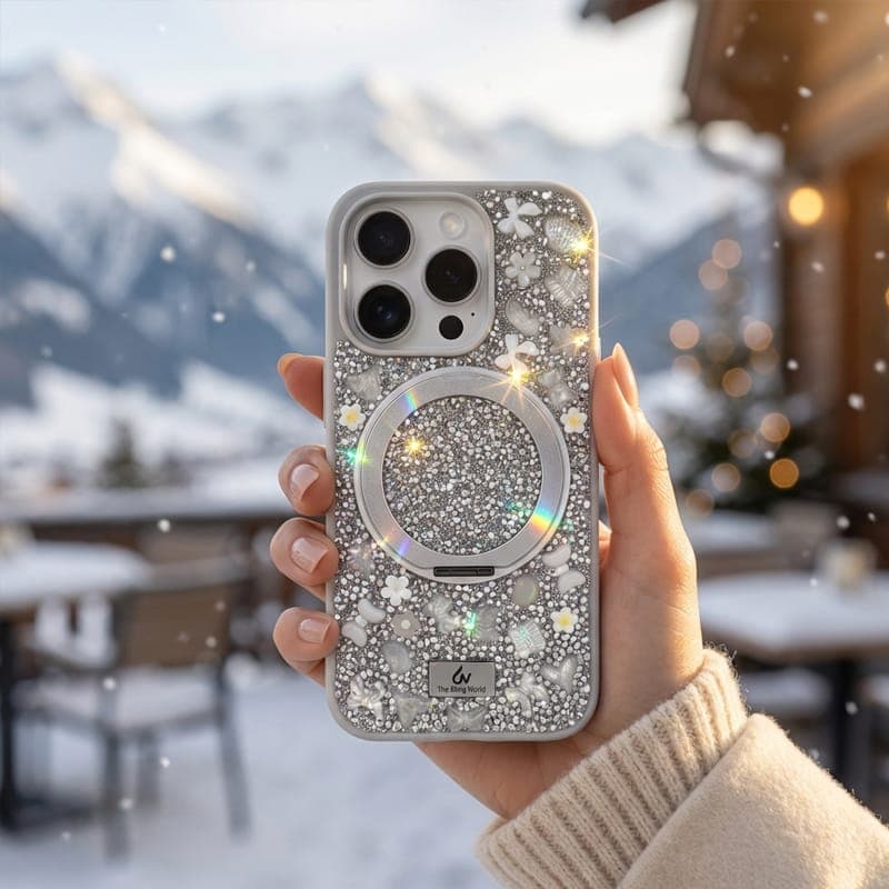iPhone 15 Pro Max - TheBlingWorld Glitter MagSafe Case mit Ring-Ständer & Strass-Steinen, Silber – 2