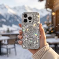 iPhone 15 Pro Max - TheBlingWorld Glitter MagSafe Case mit Ring-Ständer & Strass-Steinen, Silber – Bild 2