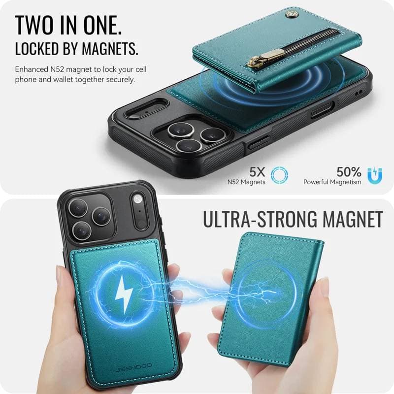 iPhone 17 Pro - Jeehood Magsafe Case, magnetisches Wallet und Stand-Funktion, Reissverschluss, Grün – 3