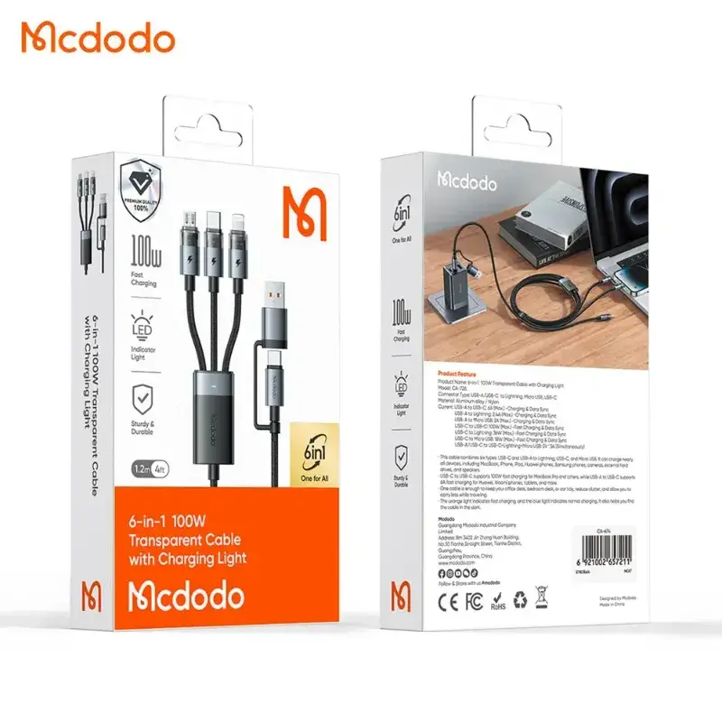 McDodo - 6-in-1 Transparent Cable, USB-A + USB-C to USB-C + Lightning + Micro-USB, 1.2m, Schwarz