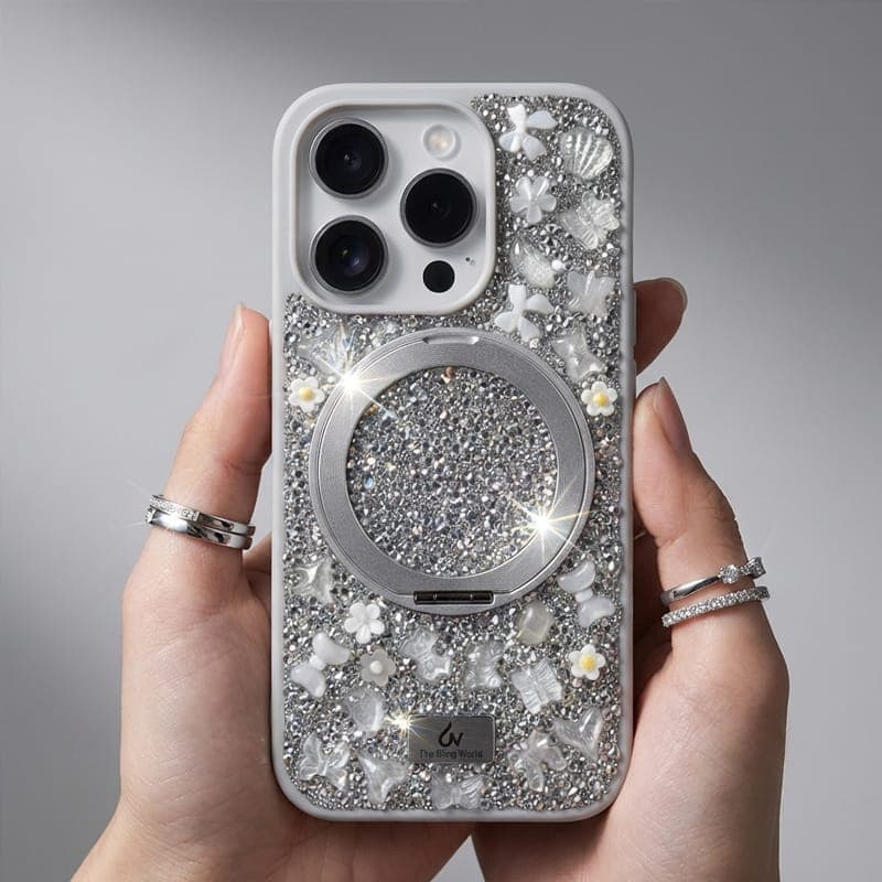iPhone 15 Pro Max - TheBlingWorld Glitter MagSafe Case mit Ring-Ständer & Strass-Steinen, Silber – 3