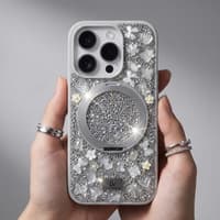 iPhone 15 Pro Max - TheBlingWorld Glitter MagSafe Case mit Ring-Ständer & Strass-Steinen, Silber – Bild 3