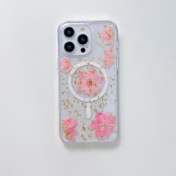 iPhone 15 - Étui MagSafe avec de vraies fleurs et des accents dorés, rose – Bild 1