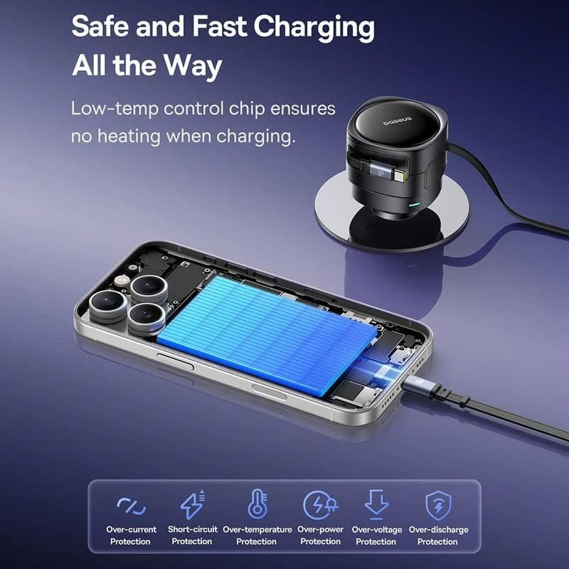 Caricabatterie da auto Baseus Enjoyment Max - 60W Doppio cavo USB-C retraibile, design ruotabile - Nero – 4