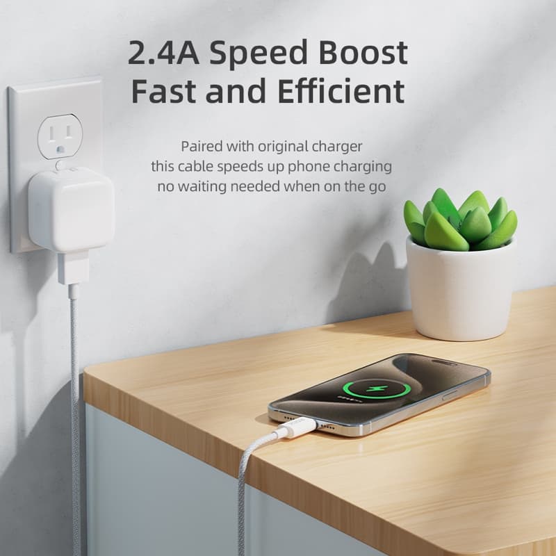 ROCK Z20 Câble USB-A vers Lightning 100 cm - Câble de charge rapide et de données 2.4A, blanc, tissé – 4