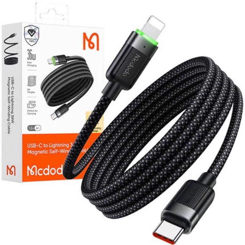 McDodo - USB-C to Lightning Magnetic Self Winding Cable, 1.2m, 36W, noir