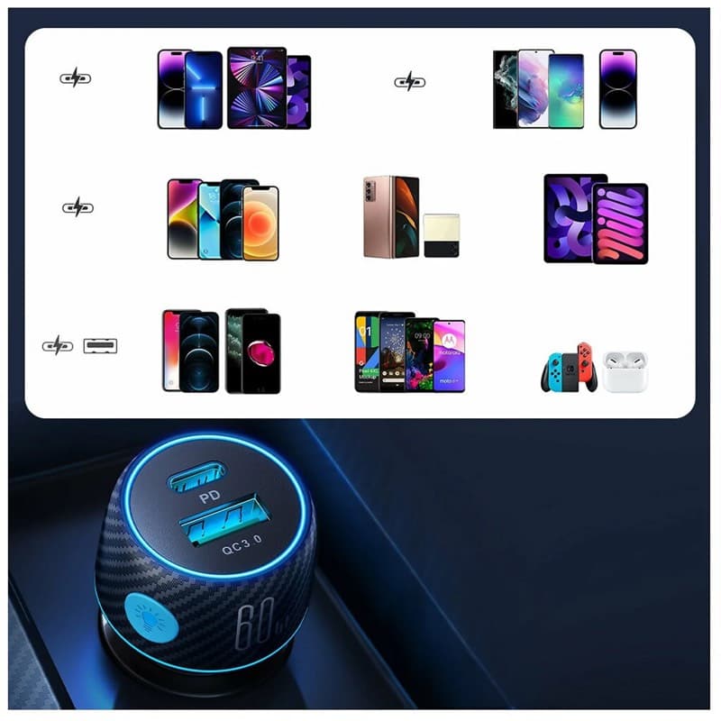 Joyroom - JR-CCN01 60W 1A+1C Caricabatterie da auto multicolore con pulsante luminoso - Nero – 2