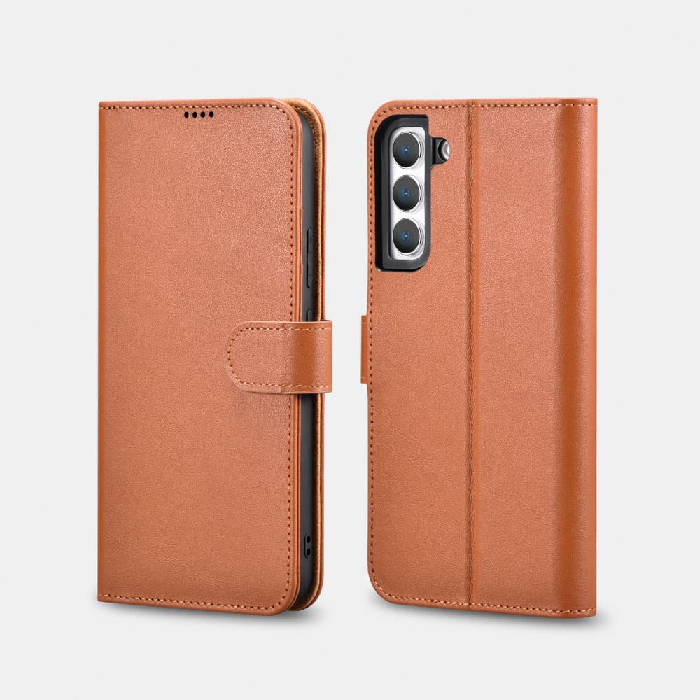 iCarer Samsung S22+ Housse en cuir véritable pour livre à rabats Marron